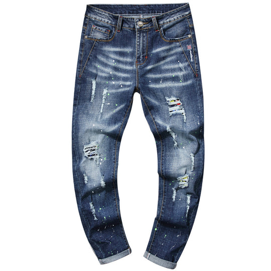 Herren modische Jeans mit kreativen Farbklecksen und Rissdesign R&B