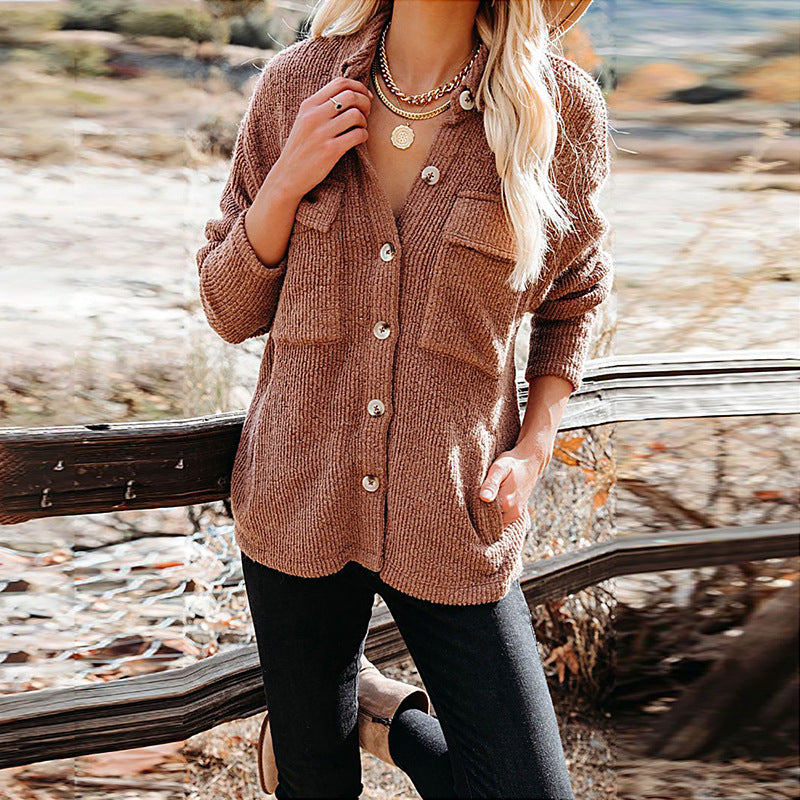 Damen Overshirt im lässigen Strickdesign mit Knopfverschluss und Brusttasche R&B