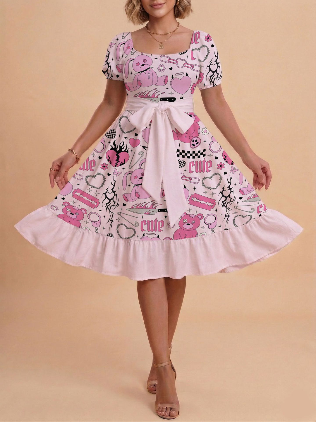 Damen Midikleid mit verspieltem Druck und tailliertem Schnitt R&B