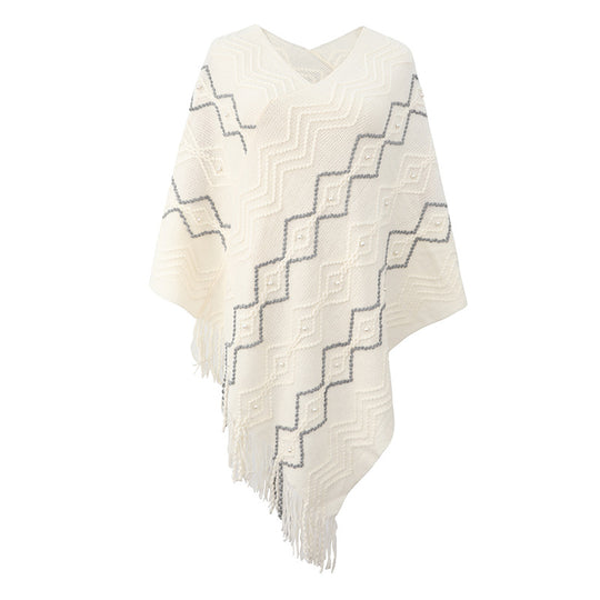 Damen eleganter Poncho mit auffälligem Strukturmuster und dekorativen Fransen R&B