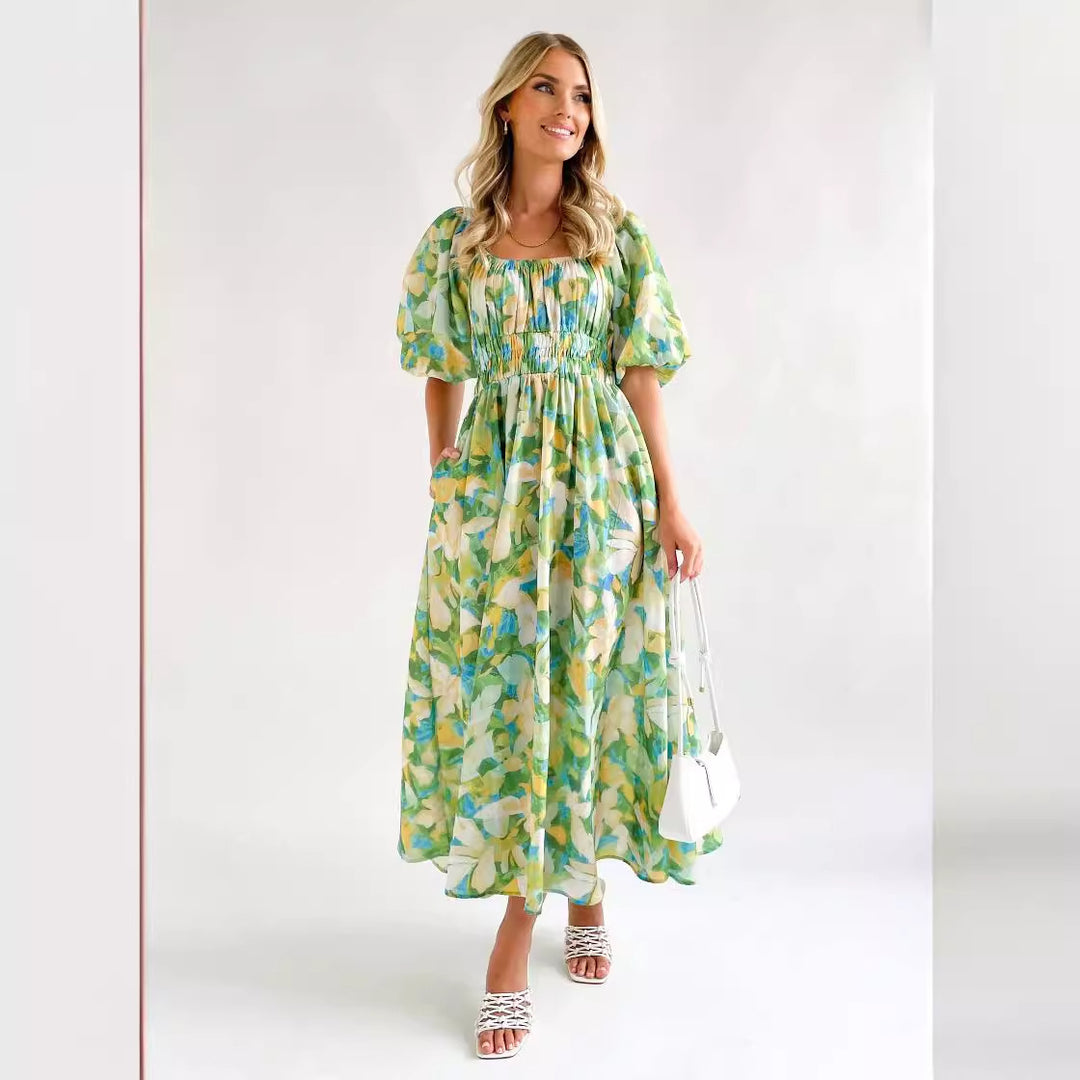 Damen Off-Shoulder Maxikleid mit floralen Mustern und elastischem Bund R&B