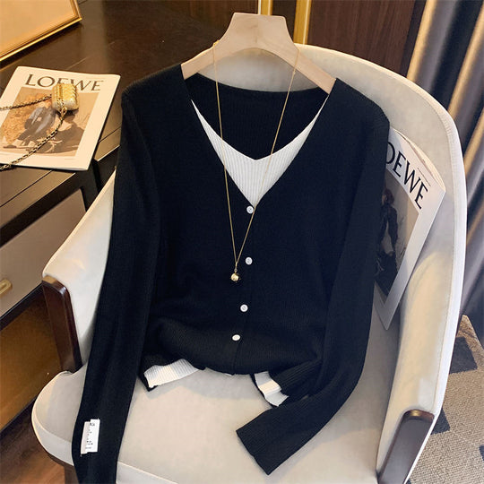 Damen lässige Strickjacke mit feiner Rippstruktur und tiefem V-Ausschnitt R&B