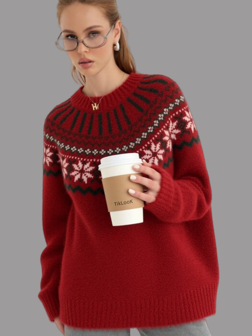 Damen Strickpullover mit festlichem Norweger-Motiv und weitem Schnitt R&B
