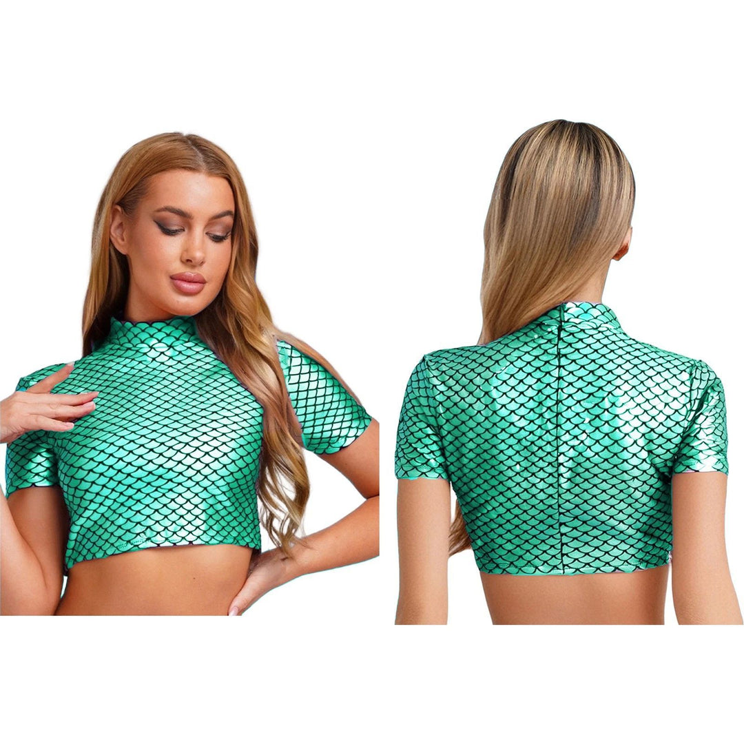 Damen Glitzerndes Cropped Shirt mit schimmerndem Fischschuppen-Muster R&B