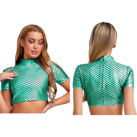 Damen Glitzerndes Cropped Shirt mit schimmerndem Fischschuppen-Muster R&B