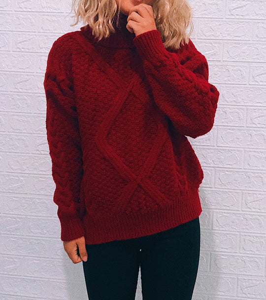 Damen Grobstrickpullover mit modischem Zopfmuster und hohem Kragen R&B