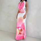 Damen Maxikleid mit tiefem V-Ausschnitt und floralem Drapierungsdesign R&B