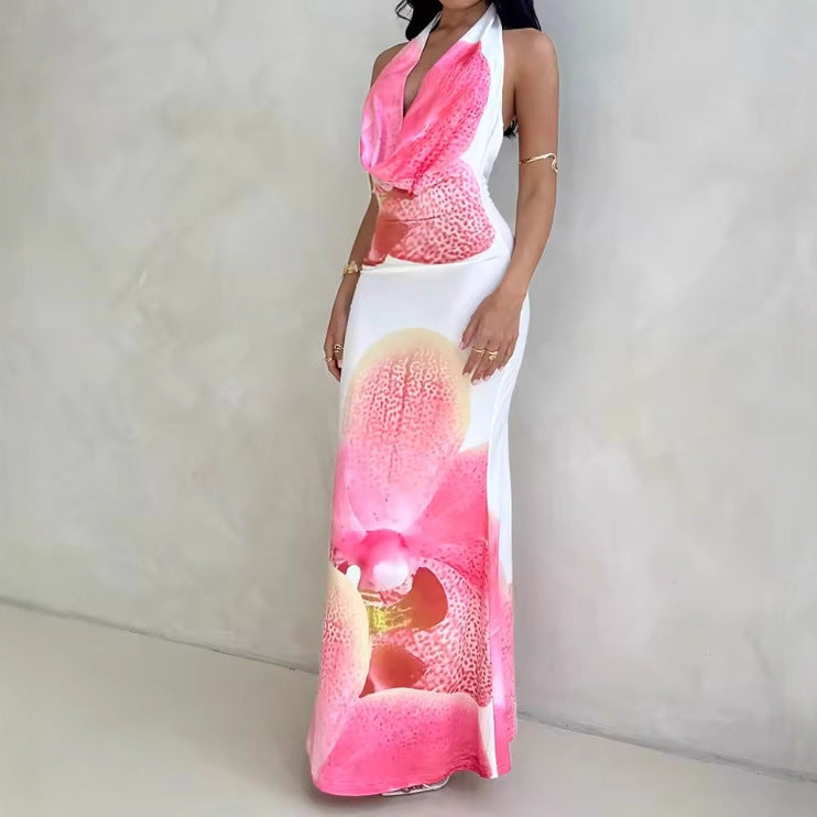 Damen Maxikleid mit tiefem V-Ausschnitt und floralem Drapierungsdesign R&B
