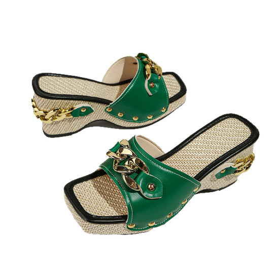 Damen Glamouröse und elegante Wedge-Sandalen mit dekorativen Ketten und Nieten R&B