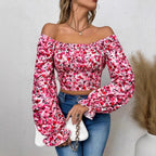 Damen Off-Shoulder Bluse mit Puffärmeln und floralen Mustern R&B