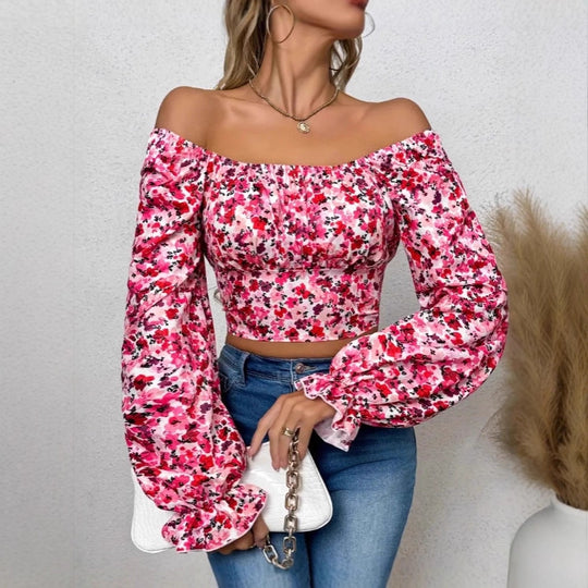 Damen Off-Shoulder Bluse mit Puffärmeln und floralen Mustern R&B