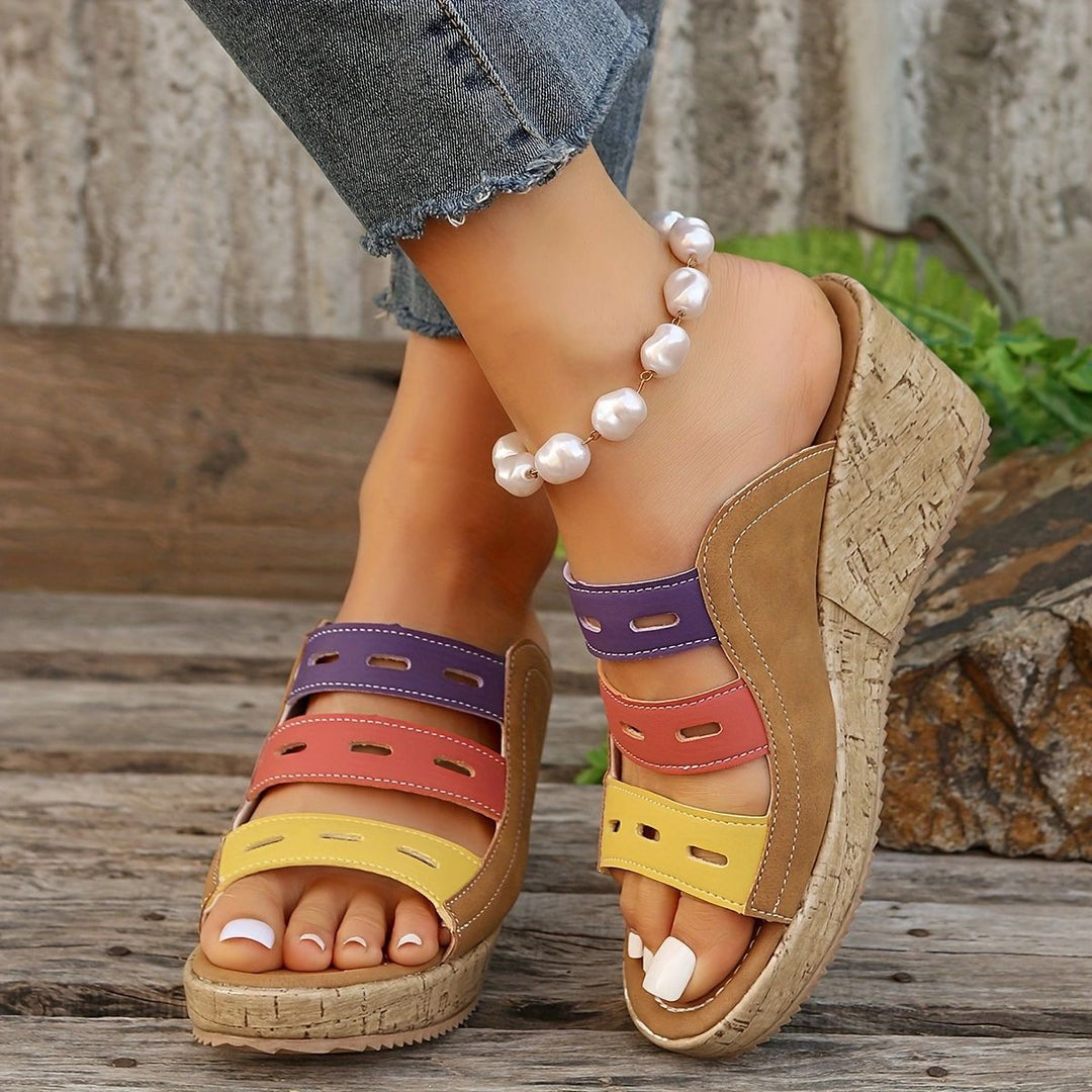 Damen modische Wedge-Pantoletten mit farbigen Trägern und komfortabler Sohle R&B