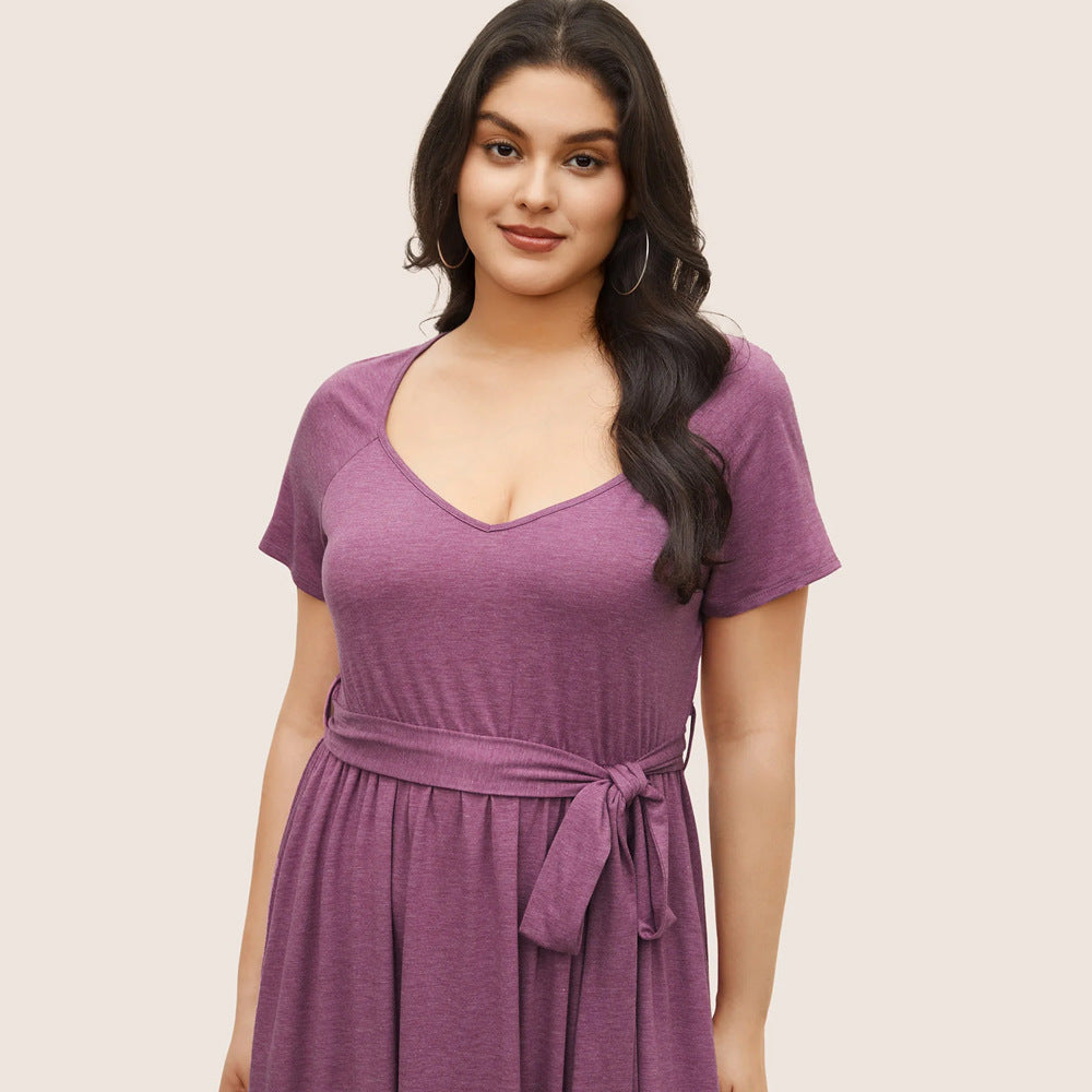 Damen lässiges Maxikleid mit Taillengürtel und V-Ausschnitt R&B
