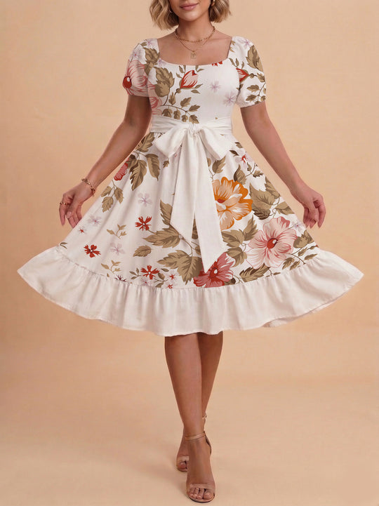 Damen Sommerliches Blumenkleid mit taillierbarem Gürtel und voluminösen Ärmeln R&B