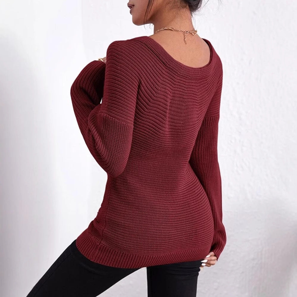 Damen Eleganter und lockerer Pullover mit tiefem V-Ausschnitt und langen Ärmeln R&B