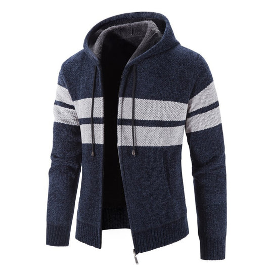 Herren Strickjacke mit Kapuze und modernem Streifenmuster R&B
