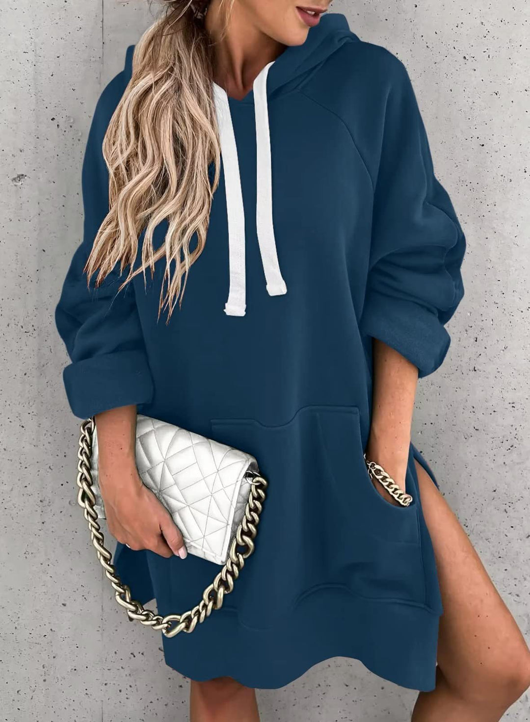 Damen lässiges Kapuzenkleid mit praktischen Eingrifftaschen und seitlichen Schlitzen R&B