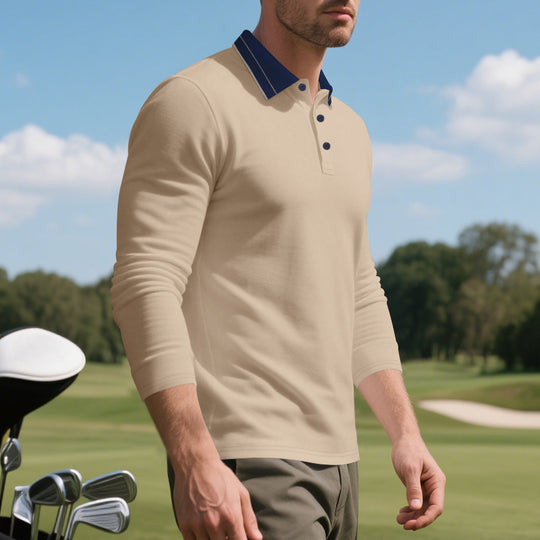 Herren elegantes Langarm-Polohemd mit kontrastierendem Kragen und modischen Knopfdetails R&B