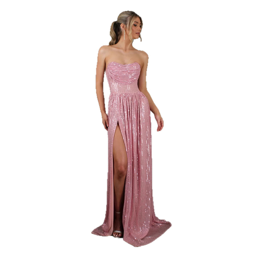 Damen Glitzerndes und schulterfreies Abendkleid mit tiefem Schlitz R&B