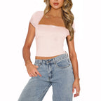 Damen modisches cropped T-Shirt mit quadratischem Ausschnitt und zarten Spitzenakzenten R&B