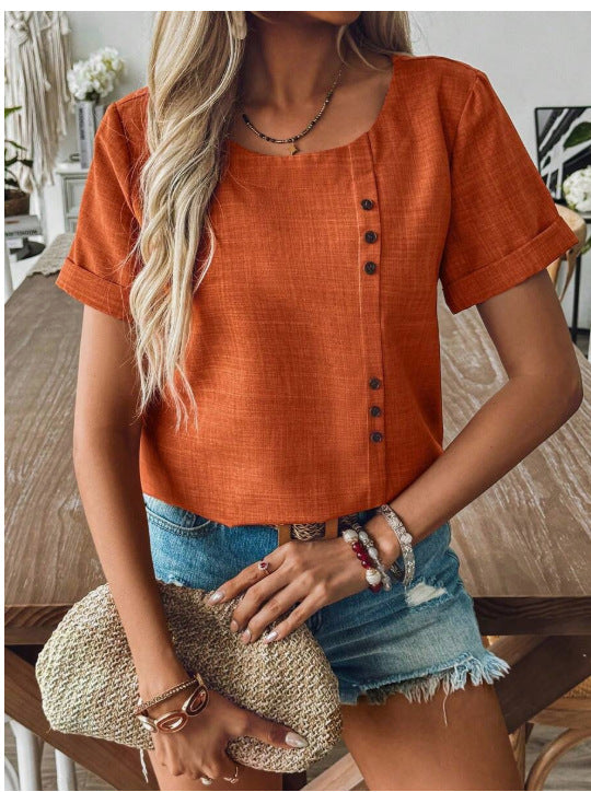 Damen Kurzarmbluse mit dekorativen Knopfdetails und modernem Schnitt Heidi-Mode