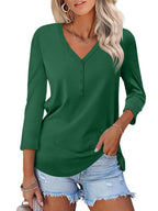 Damen Langarm T-Shirt mit Knopfleiste und V-Ausschnitt R&B