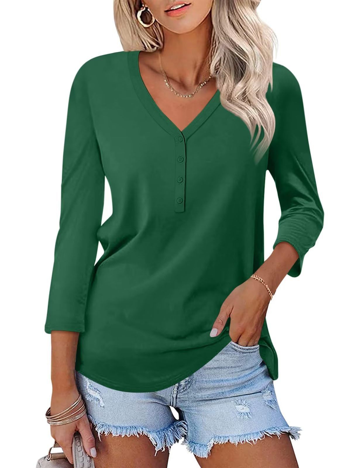 Damen Langarm T-Shirt mit Knopfleiste und V-Ausschnitt R&B