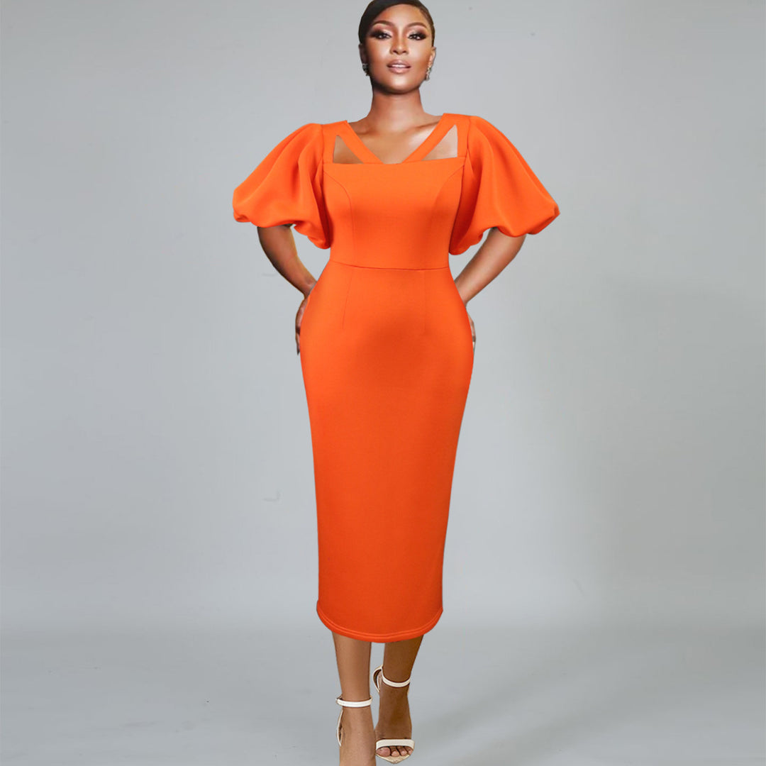 Damen figurbetontes Kleid mit innovativen Puffärmeln und aufregendem Schnitt R&B