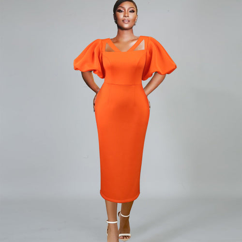 Damen Figurbetontes Kleid mit voluminösen Puffärmeln und innovativem Ausschnitt R&B