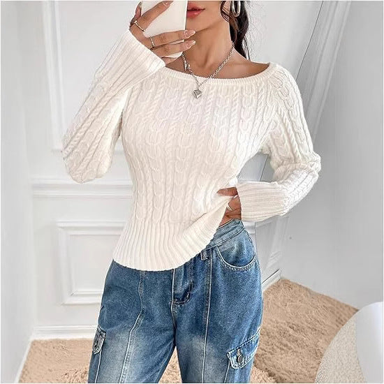 Damen Grobstrick Pullover mit offener Schulterpartie und Zopfmuster R&B
