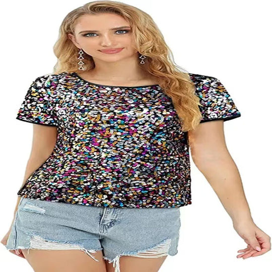 Damen Glitzerndes Pailletten T-Shirt mit lässigem Schnitt und komfortablem Baumwollmaterial R&B