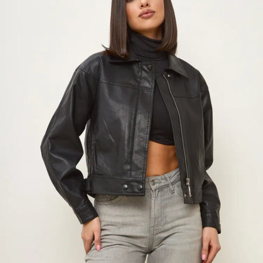 Damen modische cropped Kunstlederjacke mit eleganten Details R&B
