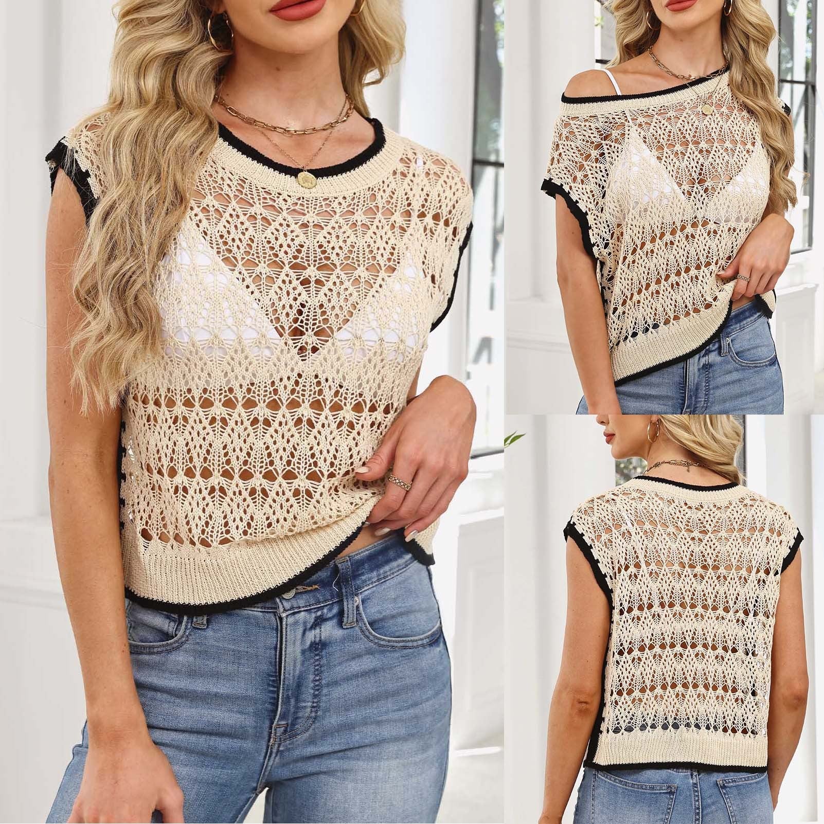 Damen luftiges Häkel-Top mit elegantem Rundhalsausschnitt R&B