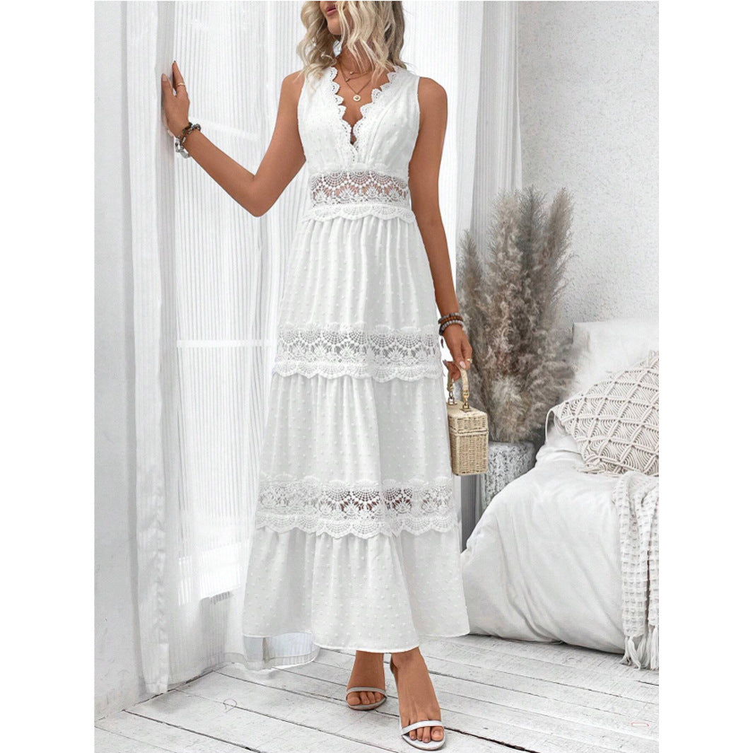 Damen romantisches Maxikleid mit Spitzenapplikationen und punktiertem Design R&B