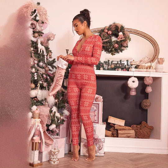 Damen Gemütlicher Jumpsuit mit Weihnachtsmotiv und langer Arm R&B