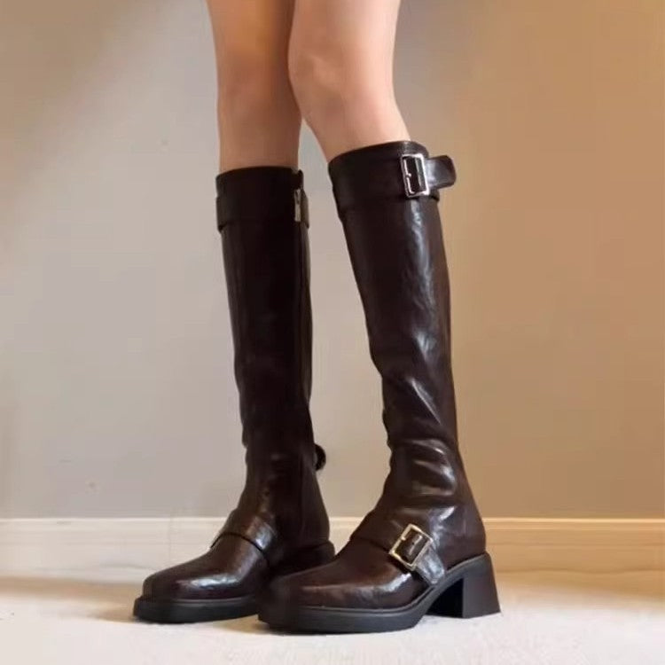 Damen modische Stiefel mit elegantem Schnallenverschluss und robustem Blockabsatz R&B