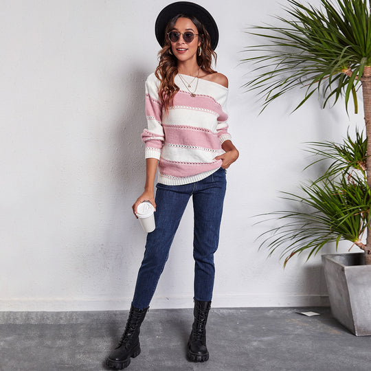 Damen Lässiger Strickpullover mit trendigem Streifenmuster und funkelnden Details R&B