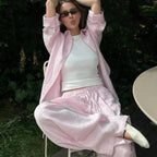 Damen nan luftiges Leinen-Loungeset mit Oversize-Hemd und weiter Bundhose mit Gummizug R&B