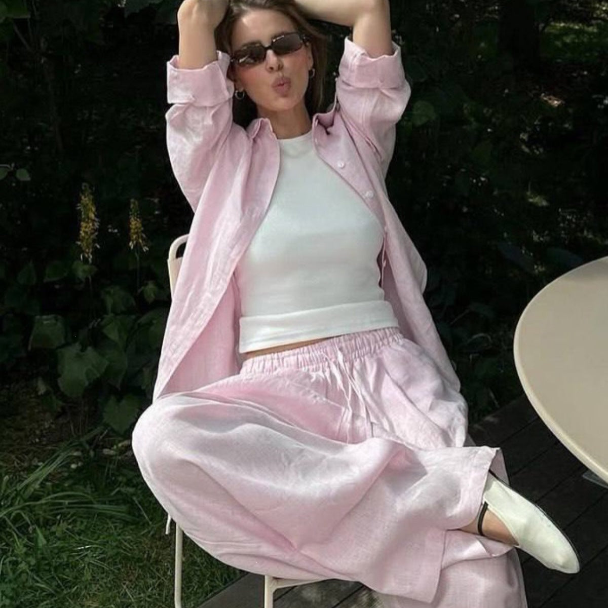 Damen nan luftiges Leinen-Loungeset mit Oversize-Hemd und weiter Bundhose mit Gummizug R&B