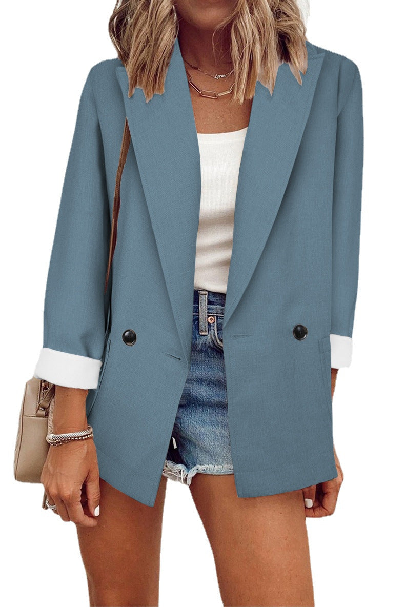 Damen modischer Blazer im Oversized-Schnitt mit tiefen Taschen und umgeschlagenen Ärmeln R&B