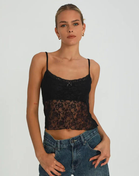Damen Spitzen-Cami-Top mit zarter Blumenstickerei und feinen Trägern R&B