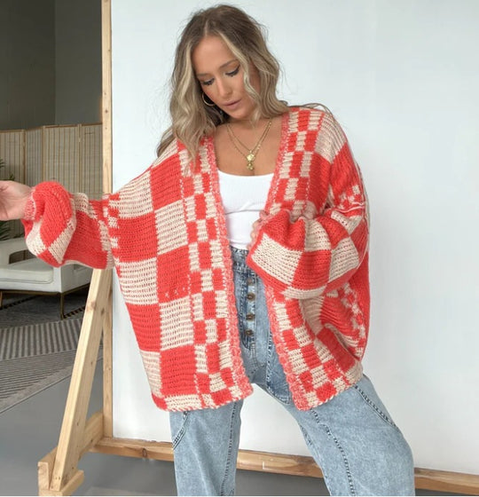 Damen lässiger Strickcardigan mit Karomuster und oversized Schnitt R&B