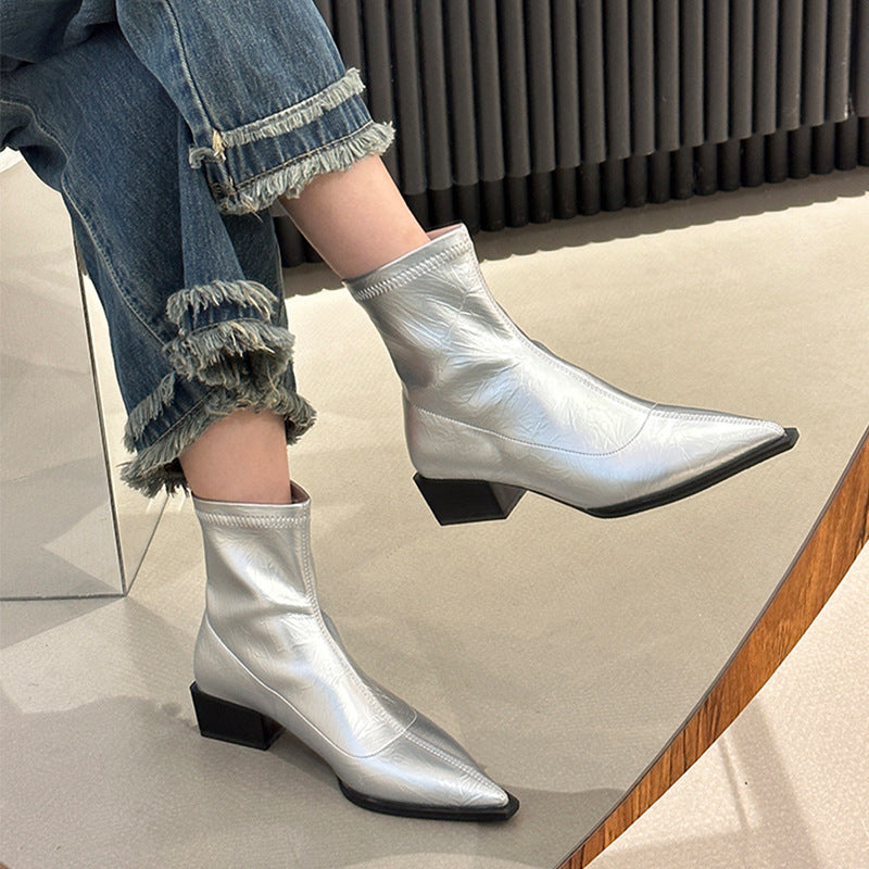 Damen elegante Stiefeletten mit spitzem Zehenbereich und Blockabsatz R&B