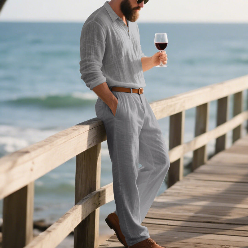 Herren eleganter Freizeit-Jumpsuit mit praktischen Taschen und stylischem Henley-Ausschnitt R&B