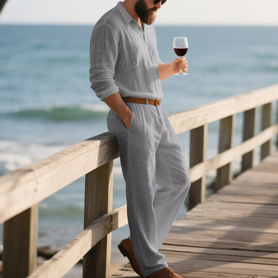 Herren eleganter Freizeit-Jumpsuit mit praktischen Taschen und stylischem Henley-Ausschnitt R&B
