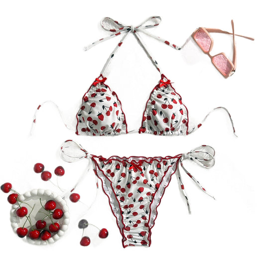 Damen Triangel-Bikini mit verspieltem Kirschmuster R&B