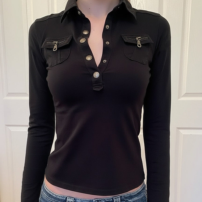 Damen Poloshirt mit stylischen Taschen und eleganten Druckknöpfen R&B