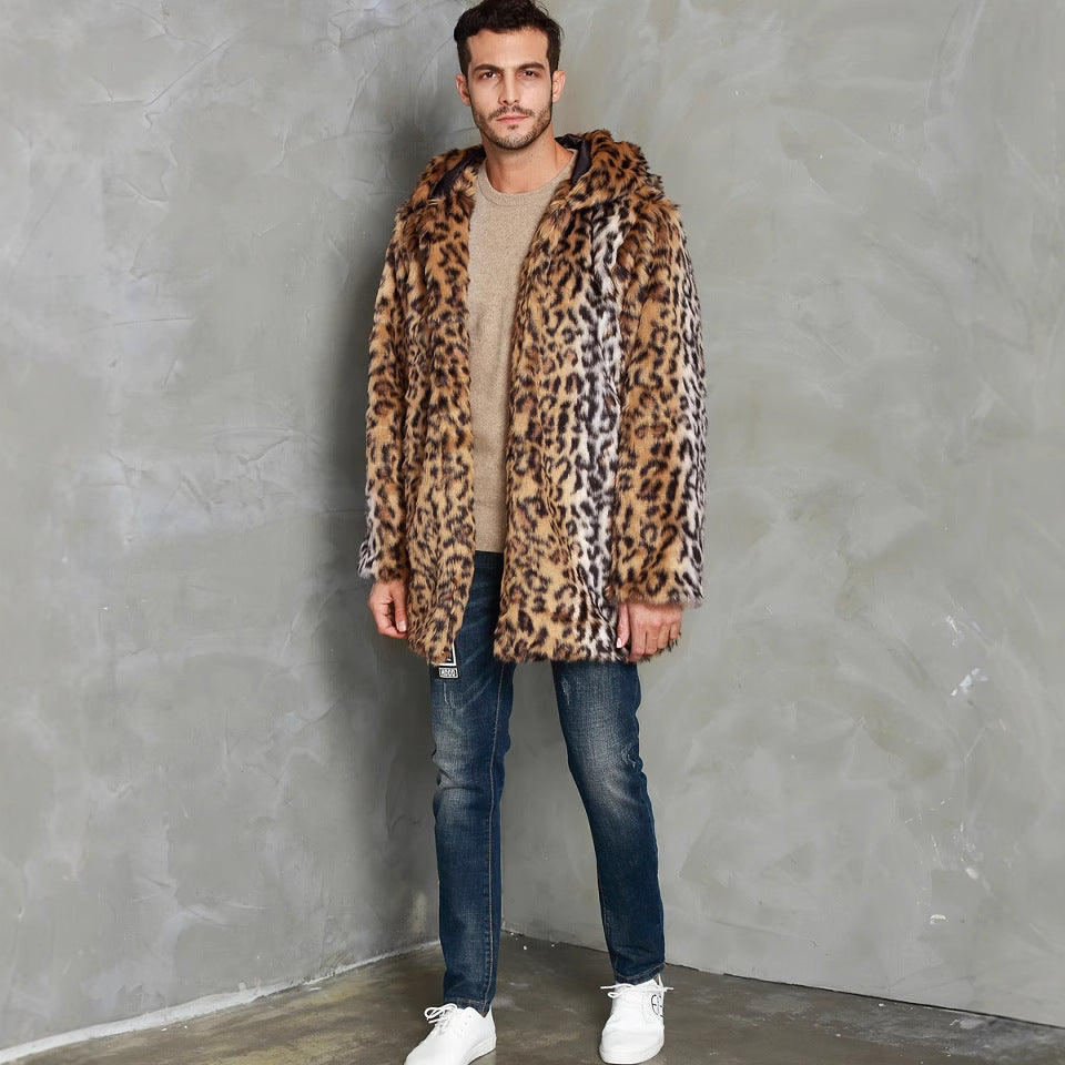 Herren Modischer Kunstpelzmantel mit Kapuze und elegantem Schnitt R&B