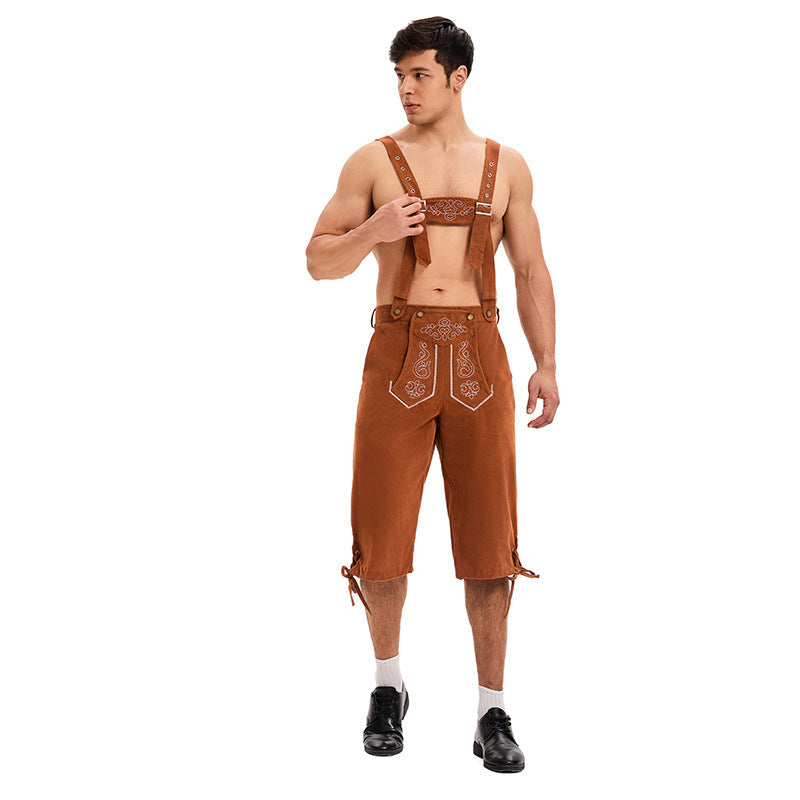 Herren nan knielange traditionelle Lederhose mit besticktem Brustlatz und verstellbaren Trägern R&B
