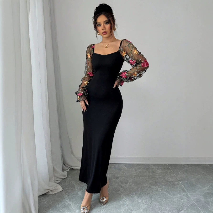 Damen Elegantes Maxikleid mit floralen Spitzenärmeln und figurbetontem Schnitt R&B